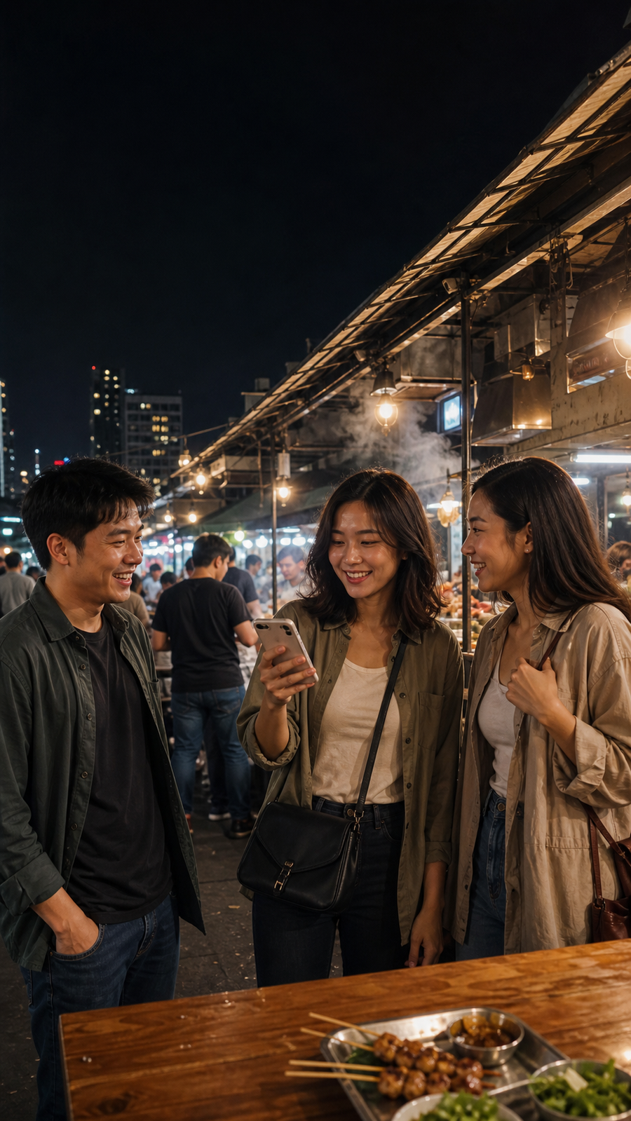 Friends enjoying food at a night market